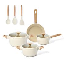 jogo com 4 panelas antiaderentes de ceramica indução bege mou nata e 3 utensílios de silicone - oiko