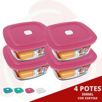 Jogo com 4 Pote de Vidro Quadrado c/ Tampa 300ML Marinex