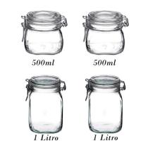 Jogo com 4 Potes de vidro hermético com tampa Fido Rocco Bormioli - 2 500ml + 2 1000ml (1 Litro) para armazenamento