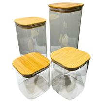 Jogo com 4 Potes Herméticos Porta Condimentos em Vidro Borossilicato e Bambu Quadrado