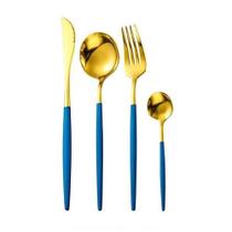 Jogo com 4 Talheres Slim Aço Inox Dourado Bicolor com Cabo Azul Jogo com 4 Talheres Slim Aço Inox Dourado Bicolor com Cabo Azul