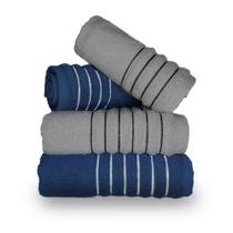 Jogo com 4 Toalhas Wave Premium 450g/m² Algodão Banhão e Rosto Azul e Cinza Jogo com 4 Toalhas Wave Premium 450g/m² Algodão Banhão e Rosto Azul e Cinza