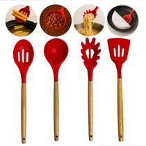 Jogo Com 4 Utensílios De Cozinha Em Silicone Vermelho Com Cabo De Madeira Resistente ao Calor