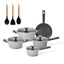 jogo com 5 panelas antiaderentes de ceramica indução cinza mou trufa e 3 utensílios de silicone - oi
