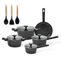 jogo com 5 panelas antiaderentes de ceramica indução preta mou chia e 3 utensílios de silicone - oik
