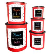 Jogo com 5 Potes de Mantimentos Redondos Decorados Plástico Resistente