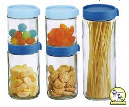 Jogo com 5 potes de vidro para mantimentos blue redondo - Casa Ambiente Jogo com 5 potes de vidro para mantimentos blue redondo - Casa Ambiente