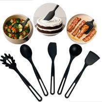 Jogo Com 5 Utensílios De Cozinha Em Silicone Preto Resistente ao Calor Não Risca Panela Antiaderente Jogo Com 5 Utensílios De Cozinha Em Silicone Preto Resistente ao Calor Não Risca Panela Antiaderente