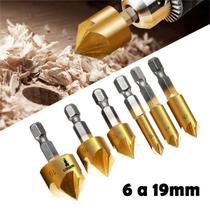 Jogo com 6 Brocas Escareadoras Lorben Chanfrar Madeira Alumínio 6mm a 19mm - GT6208 Jogo com 6 Brocas Escareadoras Lorben Chanfrar Madeira Alumínio 6mm a 19mm - GT6208