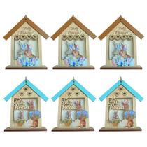 Jogo com 6 Casinhas Decorativas Feliz Páscoa de Pendurar Madeira 14x12cm