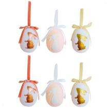 Jogo com 6 Ovos da Páscoa Flocados Decorativos com Fita 6x8cm 3 Cores