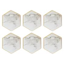 Jogo com 6 Porta Copos Hexagonais Marmorizados Fio Dourado Cerâmica 9,5x9,5cm