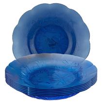 Jogo com 6 Pratos de Vidro Fundo Azul Transparente Design Flores 22cm