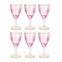 Jogo Com 6 Taças Diamond 310ml Cor Rosa Fio Dourado Vidro Jogo Com 6 Taças Diamond 310ml Cor Rosa Fio Dourado Vidro