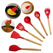 Jogo Com 6 Utensílios De Cozinha Em Silicone Vermelho Com Cabo De Madeira Resistente ao Calor