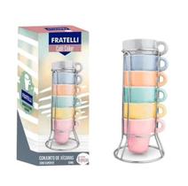 Jogo Com 6 Xícaras Coloridas Cada Com Suporte Em Inox Jogo Com 6 Xícaras Coloridas Cada Com Suporte Em Inox