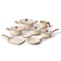 jogo com 8 panelas antiaderentes de ceramica e aluminio bege - Oikos