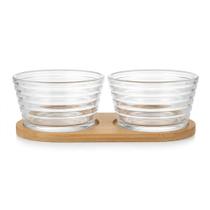Jogo com Bowls de Vidro e Bandeja de Bambu 3 Peças para Servir Tipo:Linhas