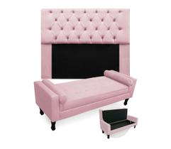 Jogo Com Cabeceira Mirage + Recamier Baú Fenix Casal 140 cm Suede Rosa Bebe - DL DECOR - Doce Lar Decorações