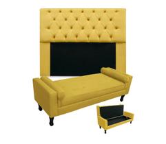 Jogo Com Cabeceira Mirage + Recamier Baú Fenix Solteiro 90 cm Suede Amarelo - DL DECOR