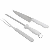 Jogo Com Faca Chaira Garfo Kit Para Churrasco Aço Inox 03Pçs