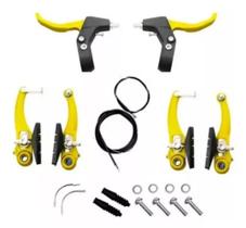 Jogo Completo Freio V-Brake Nylon Amarelo para Bike Mtb Aro 16 20 24 26 29 com Maçanetas + Cabos