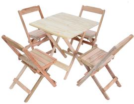 Jogo Conjunto 1 Mesa 60x60 e 4 Cadeiras Bar Dobrável Retratil de Madeira - Sem Pintura