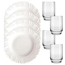 Jogo Conjunto Aparelho de Jantar Pratos Fundo Branco e Copos 8 peças Nadir Pétala