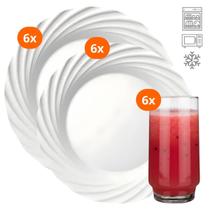 Jogo Conjunto Aparelho Jantar 18 Peças Pratos Fundo Raso Vidro Opaline Branco E Copos Para Mesa Posta Buffet Restaurante Jasmim Lights