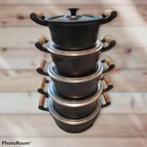 Jogo Conjunto com 5 panelas de alumínio grosso batido fundido Craqueada PRETAS