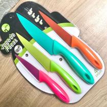 Jogo / conjunto de faca de inox colorida (rosa, laranja, azul e verde) para cozinha com 4 peças