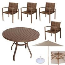 Jogo conjunto de mesa alumínio e 4 cadeiras fibra sintética com guarda sol incluso - Sarah Móveis