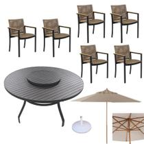 Jogo conjunto de mesa giratória com 6 cadeiras e ombrelone para jardim piscina - Sarah Móveis