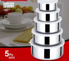 Jogo Conjunto De Tigelas Aço Inox 5 Peças Potes c/ Tampa Jogo Conjunto De Tigelas Aço Inox 5 Peças Potes c/ Tampa