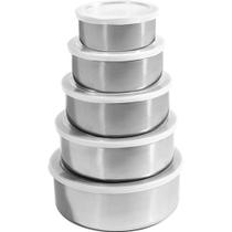 Jogo Conjunto De Tigelas Bowl Potes Com Tampa Aço Inox 5 Pçs Jogo Conjunto De Tigelas Bowl Potes Com Tampa Aço Inox 5 Pçs