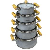 Jogo Conjunto KIt de Panela 5 Peças Rafaela Cinza com Revestimento Cerâmico Branco Tampa Vidro Tampa de vidro Alça Madei