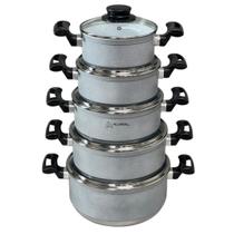 Jogo Conjunto KIt de Panela 5 Peças Rafaela Cinza Revestimento Cerâmico Branco Tampa Vidro Jogo Conjunto KIt de Panela 5 Peças Rafaela Cinza Revestimento Cerâmico Branco Tampa Vidro