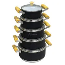 Jogo Conjunto KIt de Panela 5 Peças Rafaela Preto com Revestimento Cerâmico Branco Tampa Vidro Alça Madeira Jogo Conjunto KIt de Panela 5 Peças Rafaela Preto com Revestimento Cerâmico Branco Tampa Vidro Alça Madeira