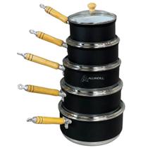 Jogo Conjunto KIt de Panela 5 Peças Rafaela Preto com Revestimento Cerâmico Branco Tampa Vidro Cabo Jogo Conjunto KIt de Panela 5 Peças Rafaela Preto com Revestimento Cerâmico Branco Tampa Vidro Cabo