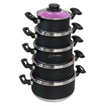 Jogo Conjunto KIt de Panela 5 Peças Rafaela Preto com Revestimento Cerâmico Pink Tampa Vidro