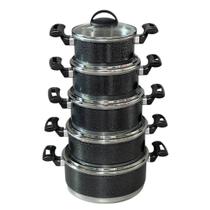 Jogo Conjunto KIt de Panela 5 Peças Rafaela Reforçado com Tampa Vidro Preto Craqueado Jogo Conjunto KIt de Panela 5 Peças Rafaela Reforçado com Tampa Vidro Preto Craqueado