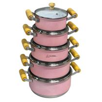 Jogo Conjunto KIt de Panela 5 Peças Rafaela Rosa com Revestimento Cerâmico Branco Tampa Vidro Alça Madeira