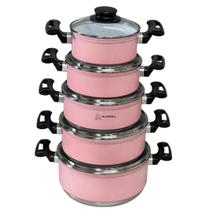 Jogo Conjunto KIt de Panela 5 Peças Rafaela Rosa com Revestimento Cerâmico Branco Tampa Vidro