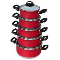 Jogo Conjunto KIt de Panela 5 Peças Rafaela Vermelha com Revestimento Cerâmico Branco Tampa Vidro Tampa de vidro Alça Ba