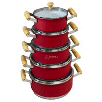 Jogo Conjunto Kit de Panela 5 Peças Rafaela Vermelha com Revestimento Cerâmico Branco Tampa Vidro Tampa de vidro Alça Ma