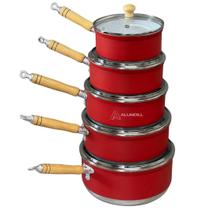 Jogo Conjunto KIt de Panela 5 Peças Rafaela Vermelho com Revestimento Cerâmico Branco Tampa Vidro Cabo Jogo Conjunto KIt de Panela 5 Peças Rafaela Vermelho com Revestimento Cerâmico Branco Tampa Vidro Cabo
