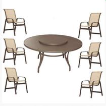 Jogo Conjunto Lótus com Mesa com Centro Giratória 1,40m e 6 Cadeiras Aluminio e Tela Sling Jogo Conjunto Lótus com Mesa com Centro Giratória 1,40m e 6 Cadeiras Aluminio e Tela Sling