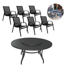 Jogo Conjunto Lótus com Mesa Giratória de 1,40m e 6 Cadeiras de Alumínio com Tela Sling