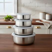 Jogo Conjunto Tigela Aço Inox 4 Peças Potes Bowl Com Tampa Jogo Conjunto Tigela Aço Inox 4 Peças Potes Bowl Com Tampa