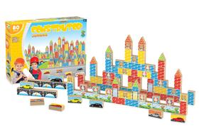 Jogo Construtor Bloquinhos Madeira 80 Peças Brinquedo Junges